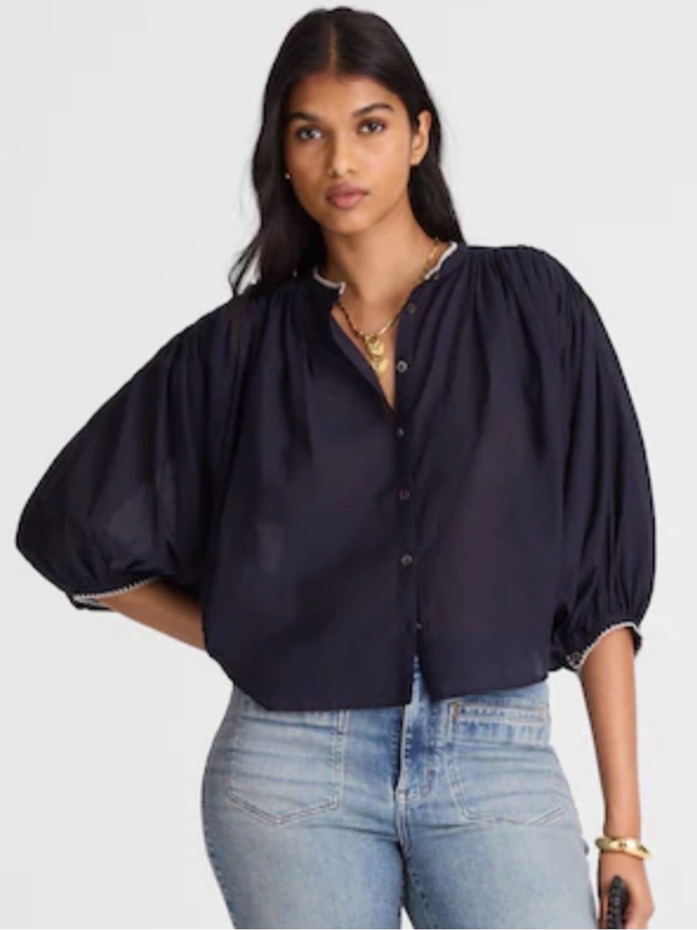 Madewell Navy Blue Embroidered Trim Button Front Peasant Top Small